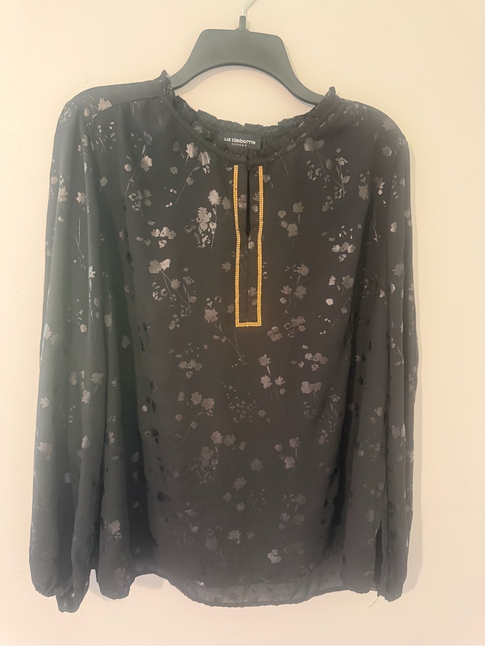 Liz Claiborne Black Floral Sheer Long Sleeve Blouse W/Gold Jewel Trim Detail L